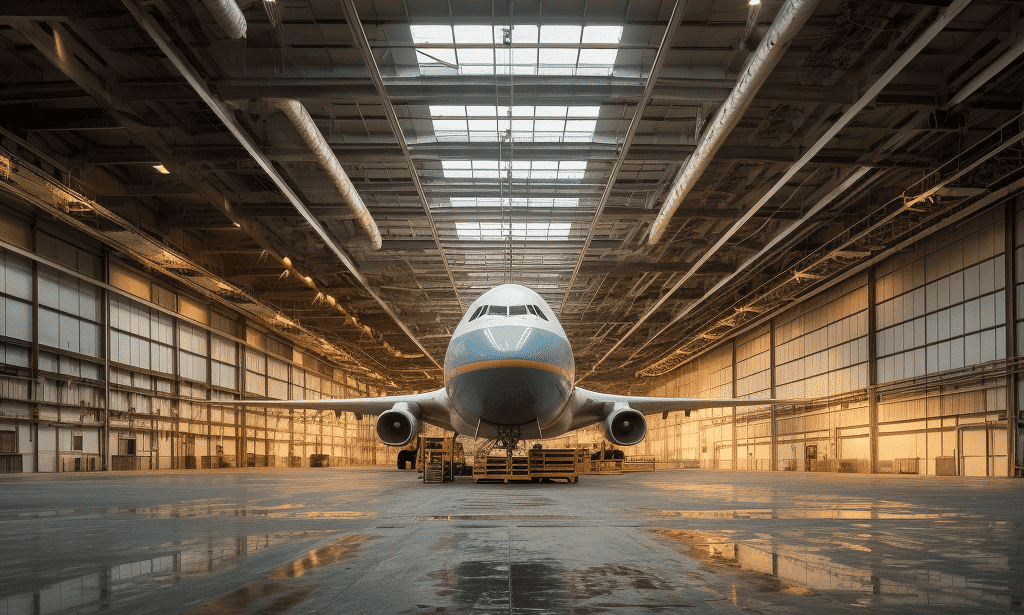 An airplane housed inside a spacious steel building