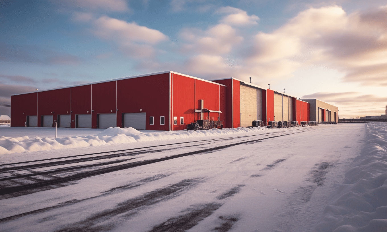 Exterior view of a red steel building exemplifying industrial chic design