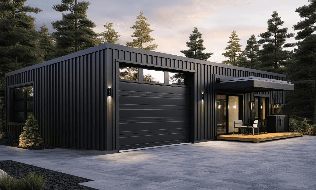 Black modern prefabricated house showcasing an innovative modular design.