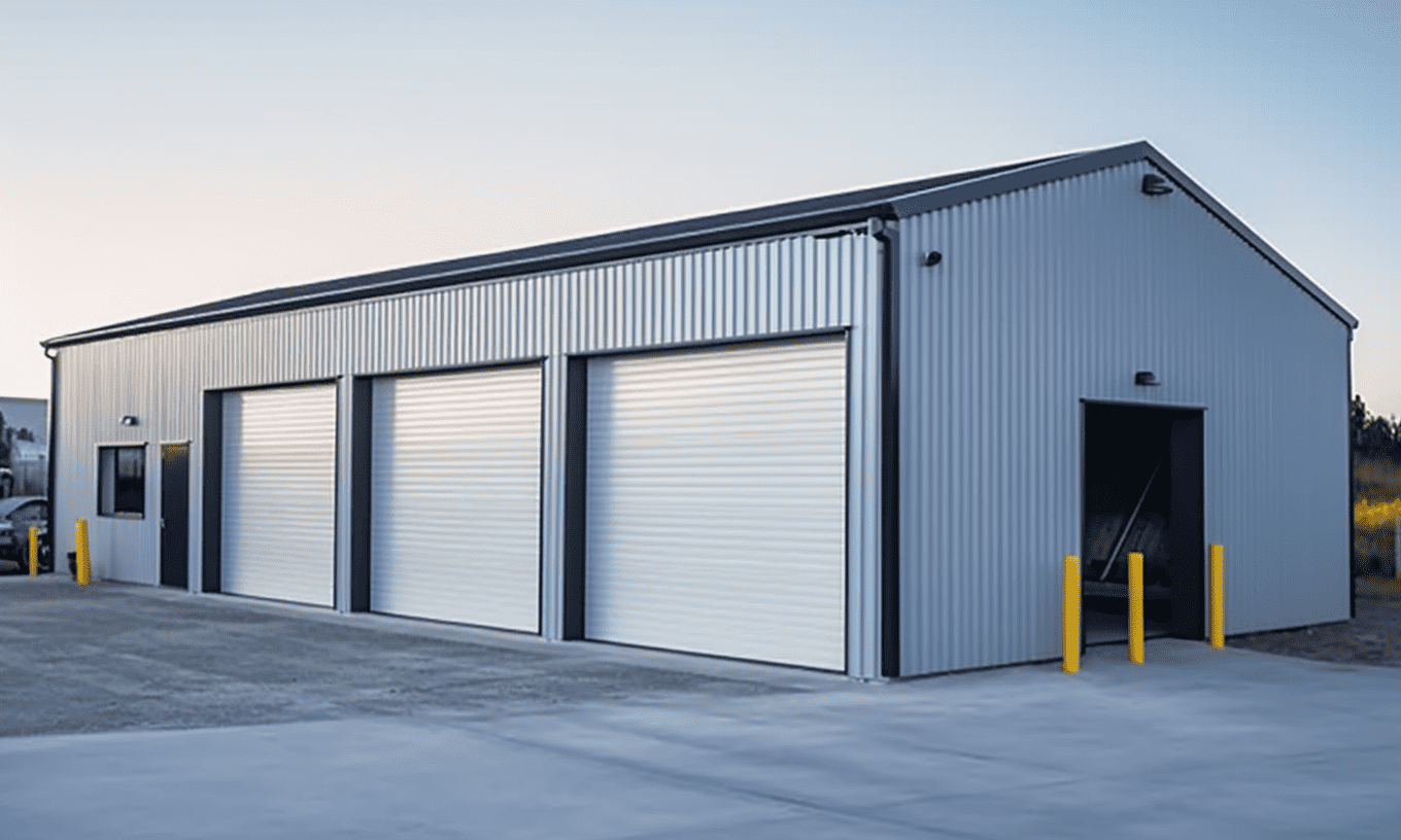 White metal commercial workshop with three garage doors, designed for efficient operations.