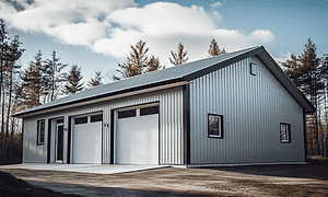 Metal white garage designed for two cars and workshop space.