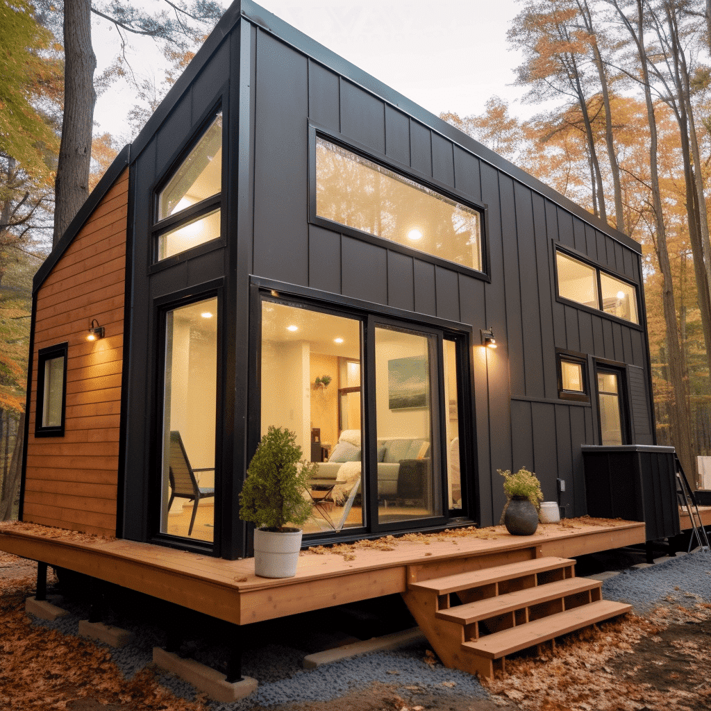 Prefab building nestled in the woods, seamlessly blending nature and structure.