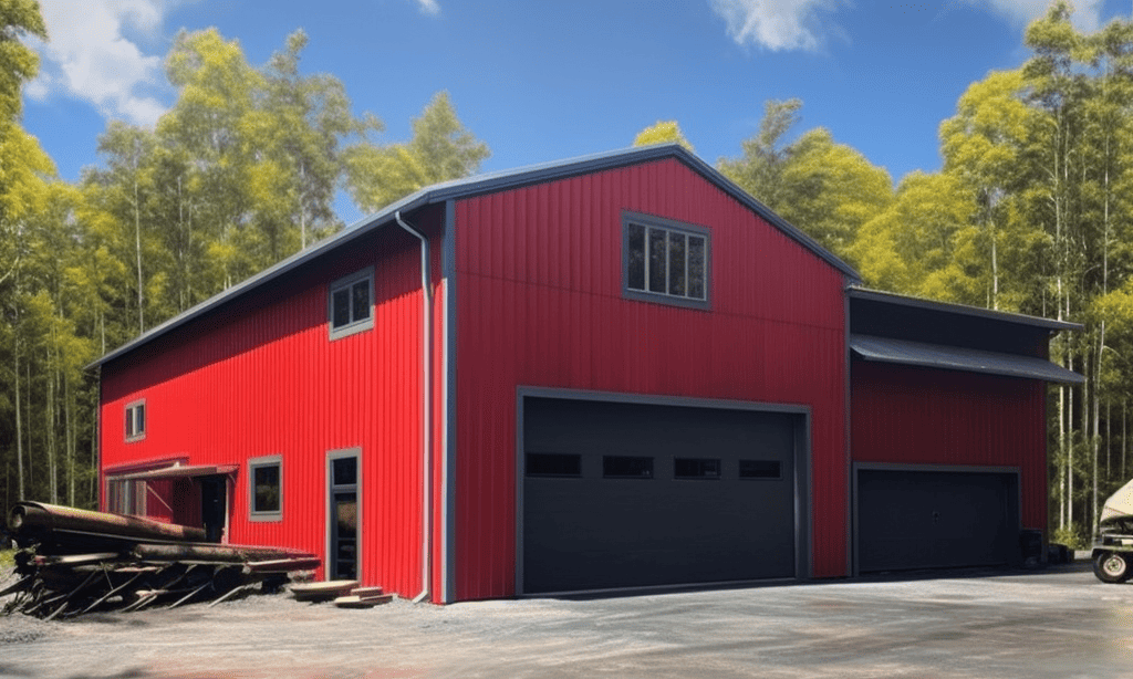 Steel building featuring vibrant red metal siding complemented by black trim