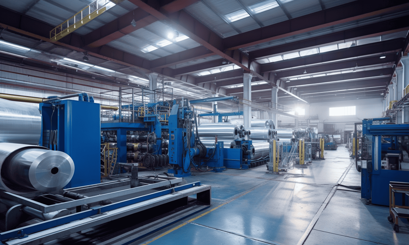 "Interior view of a modern steel factory showcasing large machinery for steel production"