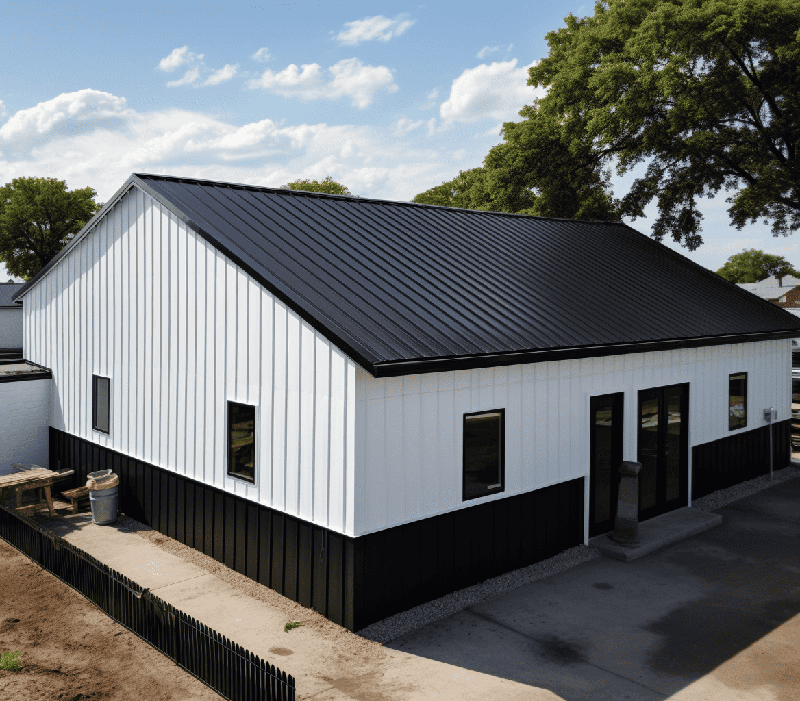 White steel barn with a black roof in Alberta, serving dual purposes as a barn and workshop.