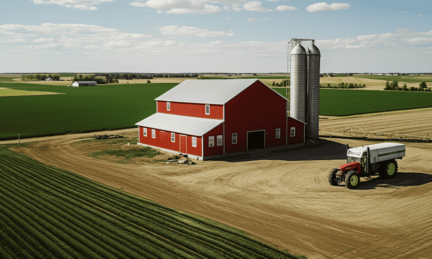 Vintage family farm building made of metal, symbolizing agricultural history and legacy.