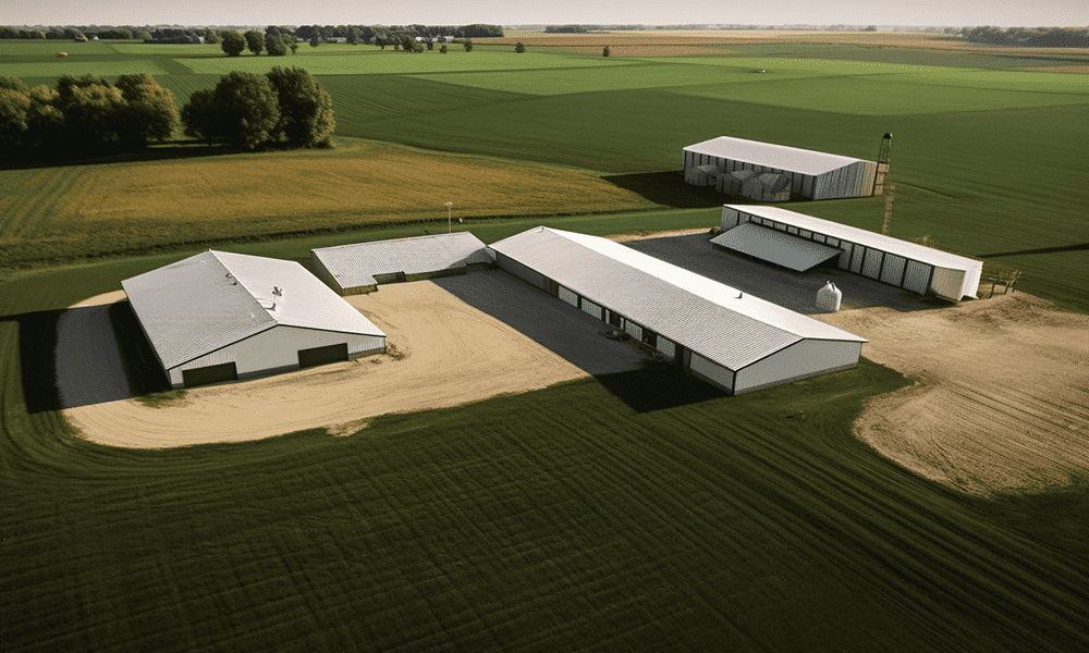 "Modern steel structure used in contemporary agricultural practices in the fields"