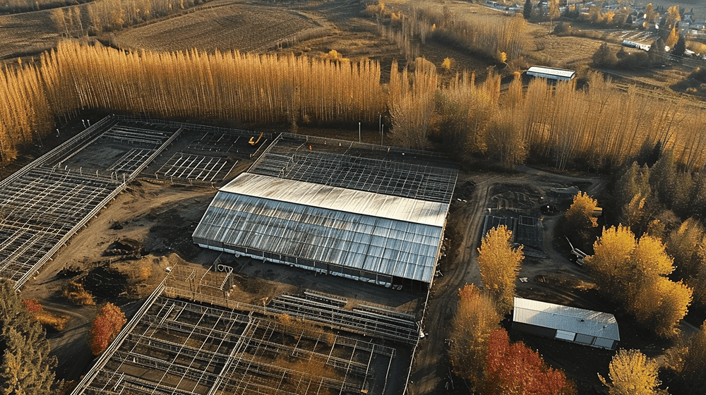 Overview from above of a large scale industrial farming operation, showcasing machinery and agricultural land.