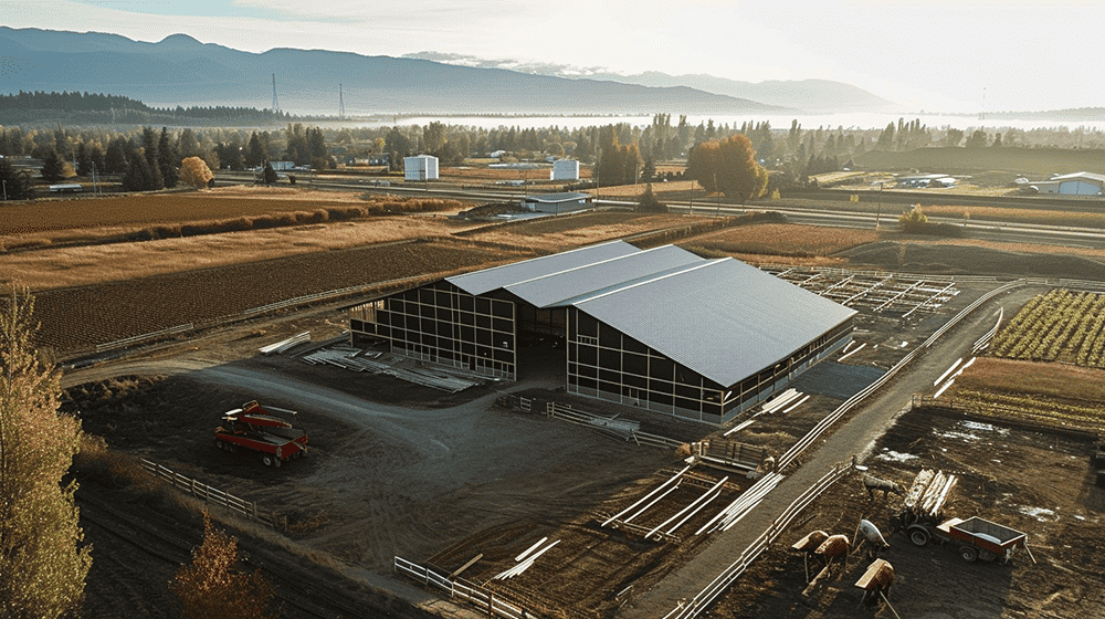 Aerial view of a large barn and herd of cattle in early morning light.