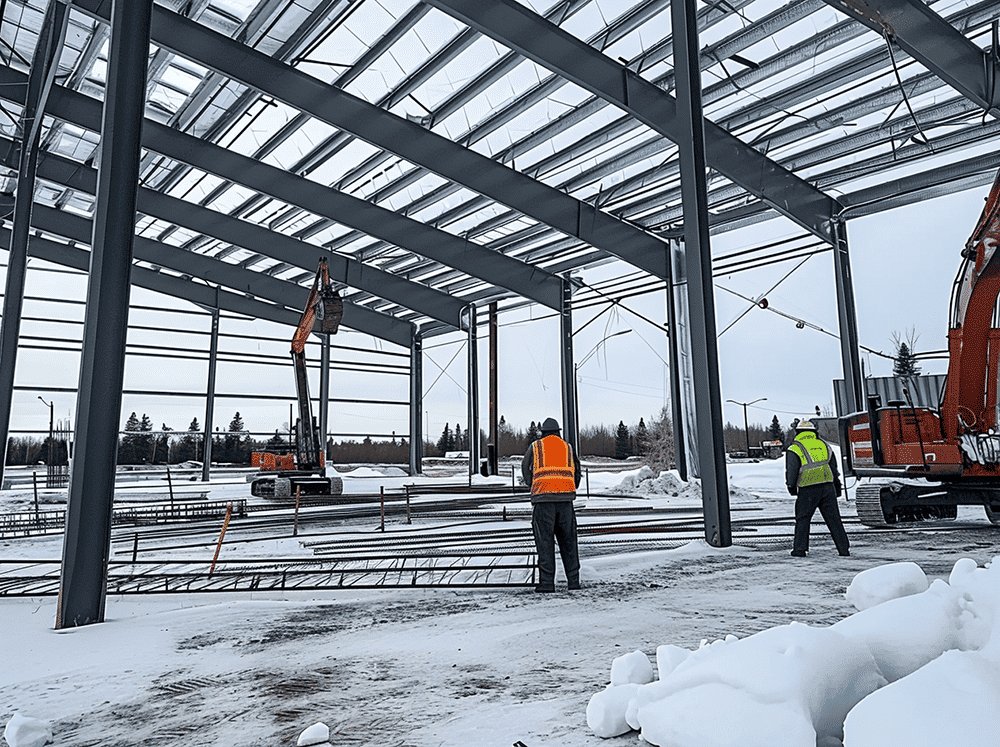 Group of construction workers building a large metallic structure