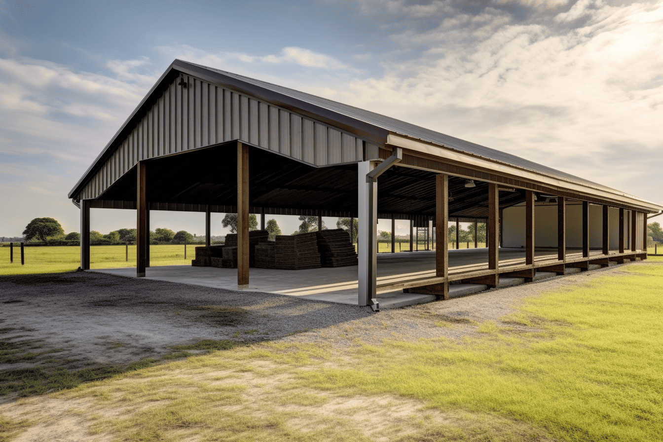 Rustic stable nestled in open green field under large metal awnings