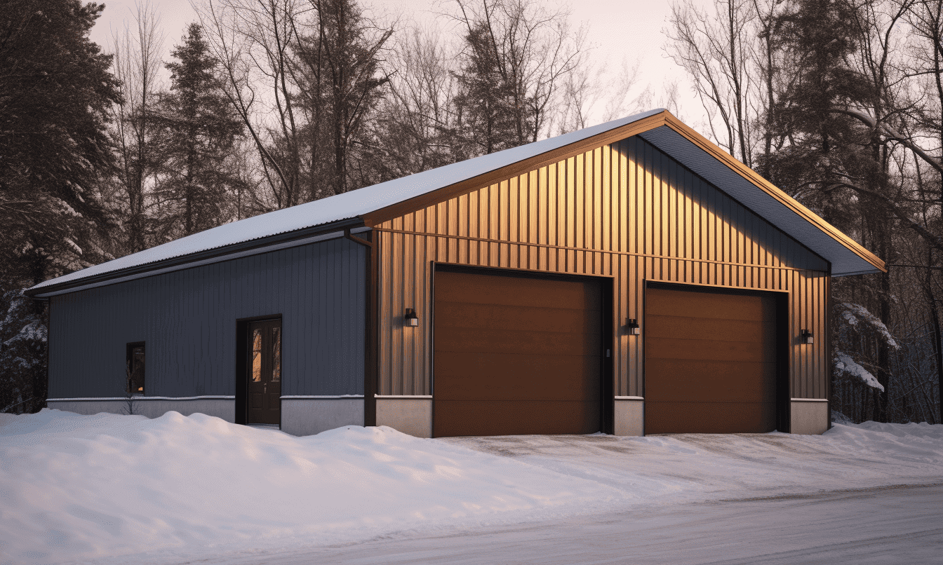 Metal white garage designed for two cars and workshop space.