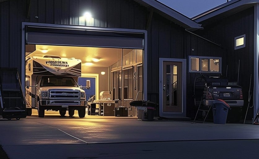 "A car parked in a home garage, RV stationed outside in the driveway"