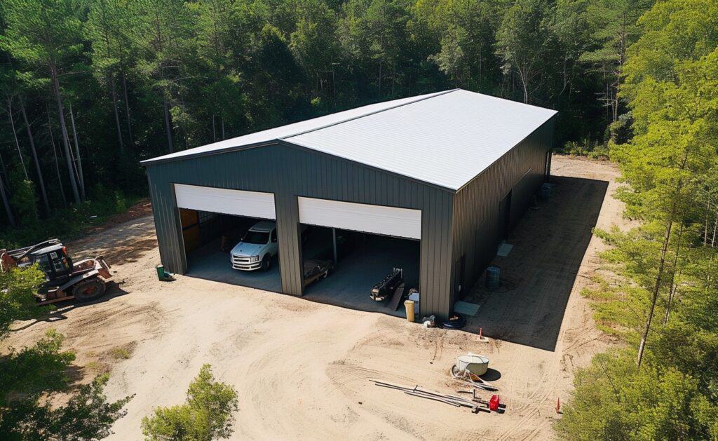 Large steel garage in a forest surrounded by green trees