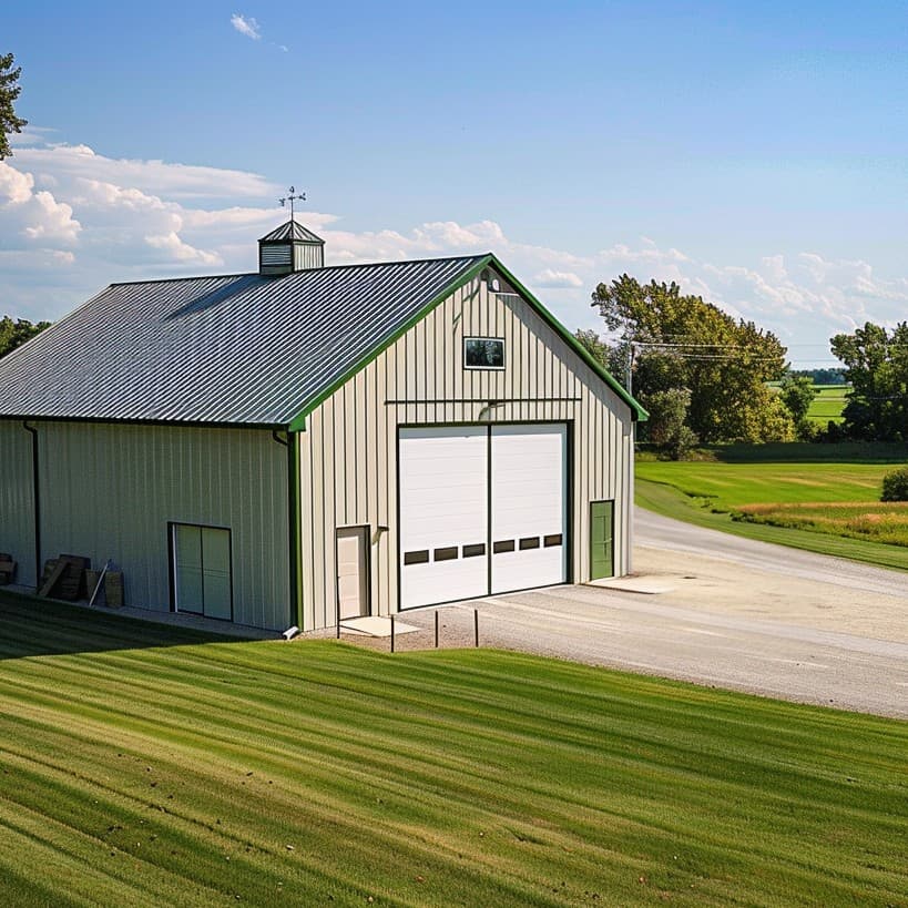 Vintage barn in a rural field with various cars parked around it