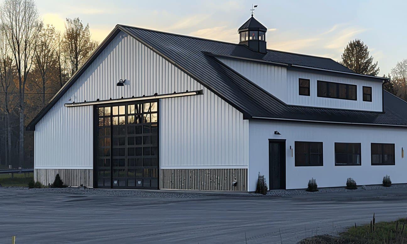 Tranquil rural scene with a large monochromatic barn set in a serene landscape.