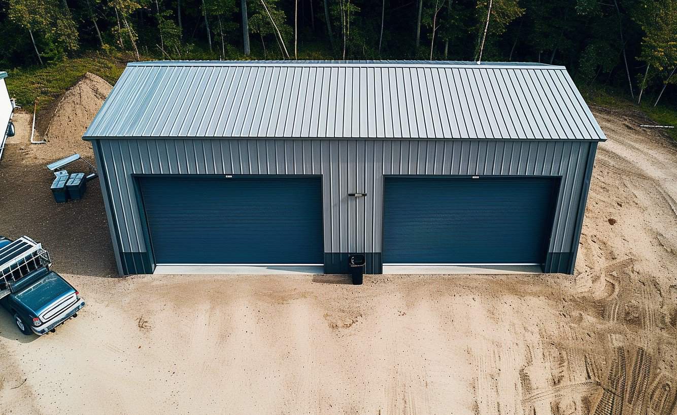 Top-down perspective of twin metallic garages showcasing their layout and design.