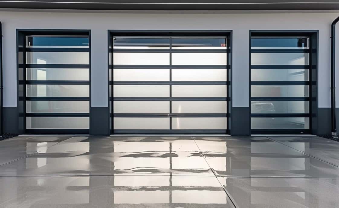 "Economical glazed style garage doors showcased in various designs and colors"