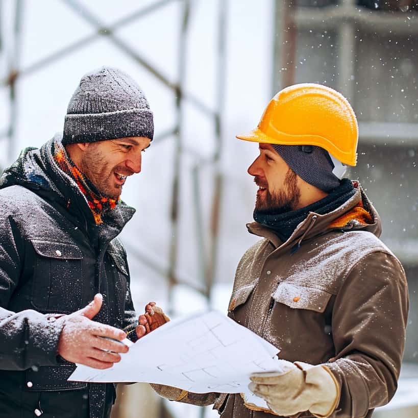 Construction builder and engineer discussing project plans on building site