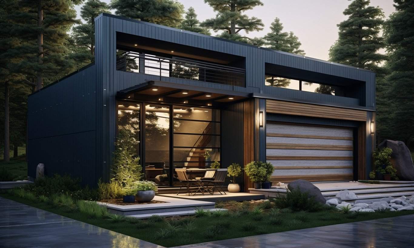 Modern dark blue garage design plans featuring contemporary architectural elements.