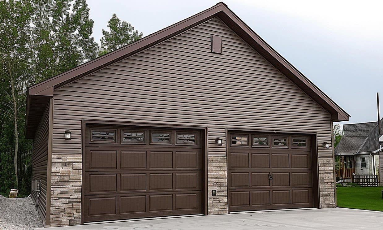 Double garage featuring brown exterior siding and a sturdy wooden door