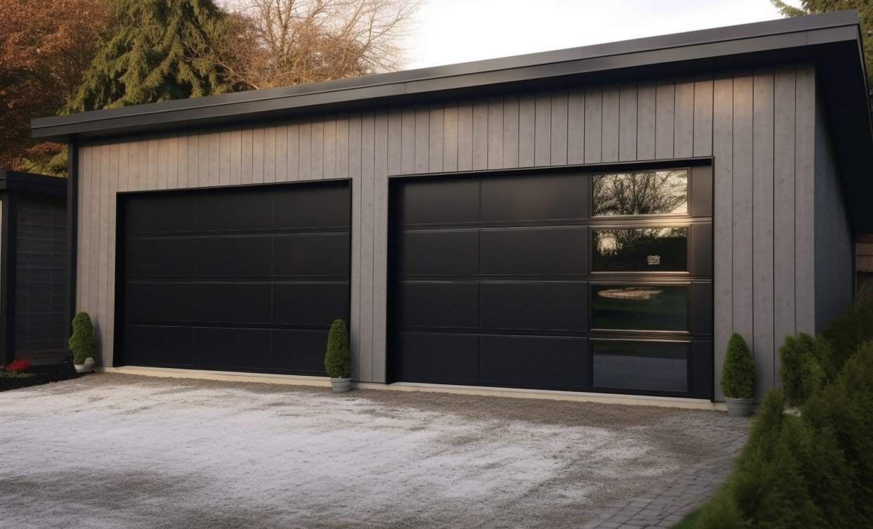 Two black garage doors on a building with adjoining gravel parking lot.