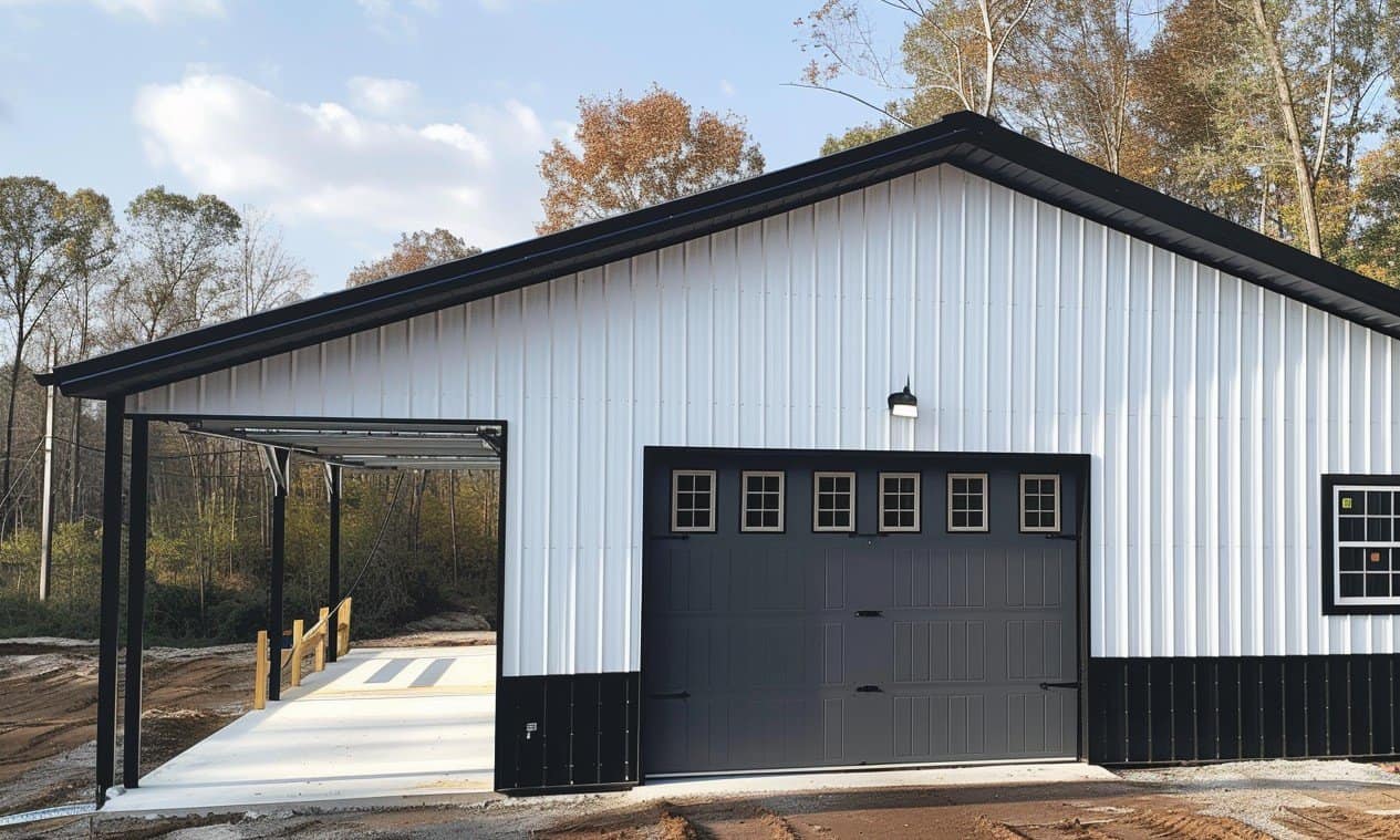 Garage exterior painted in striking contrast of white and black hues