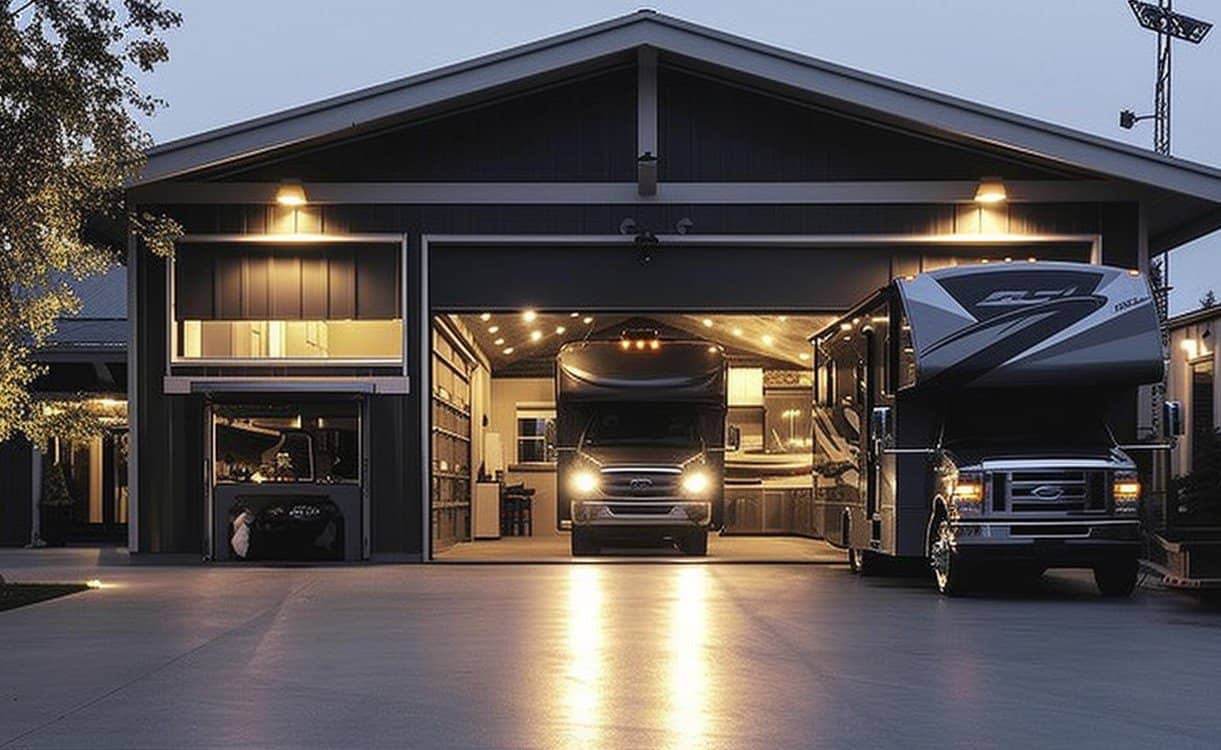 Garage scene showcasing a parked car and recreational vehicle at an RV park.