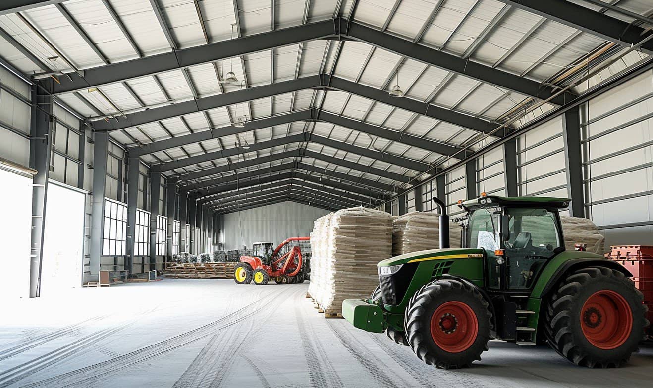 Grand illustration of a large indoor agricultural tractor in action on a modern farm.