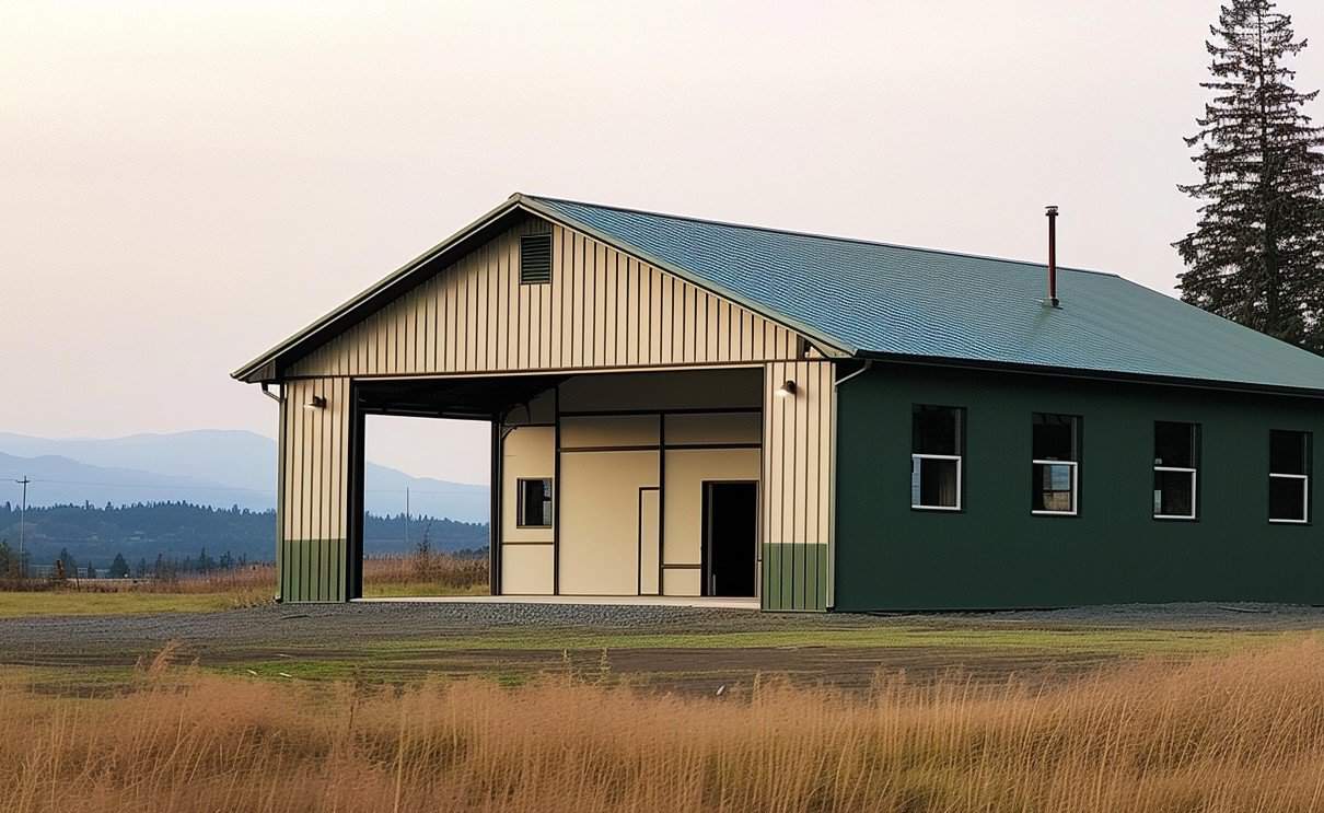 Eco-friendly green building with a durable metal roof situated in an expansive open field