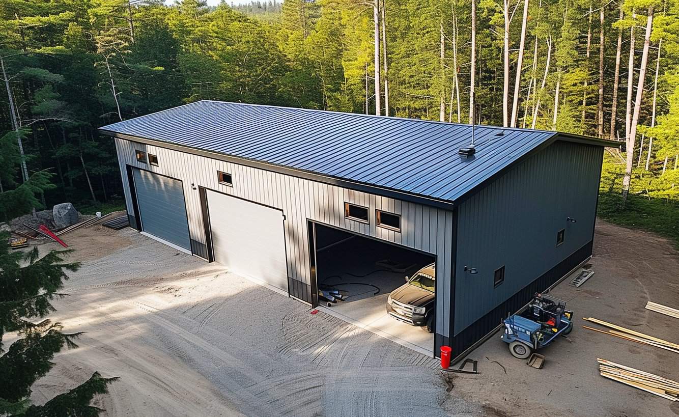 "Secluded grey garage nestled among trees with adjacent parking lot"