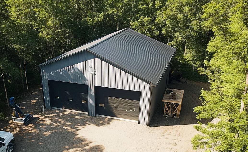 Secluded grey garage surrounded by woodland with adjacent empty lot.