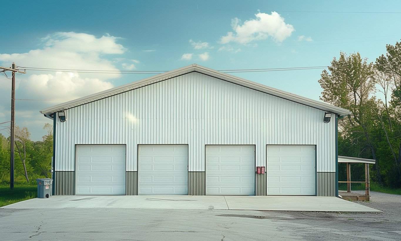 Ground level perspective of a spacious garage featuring two large double doors