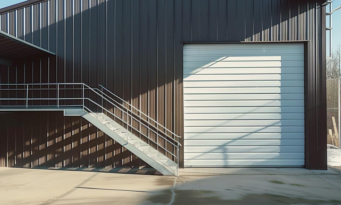 Metal building with white siding and metallic interior and a clear blue sky in the background.