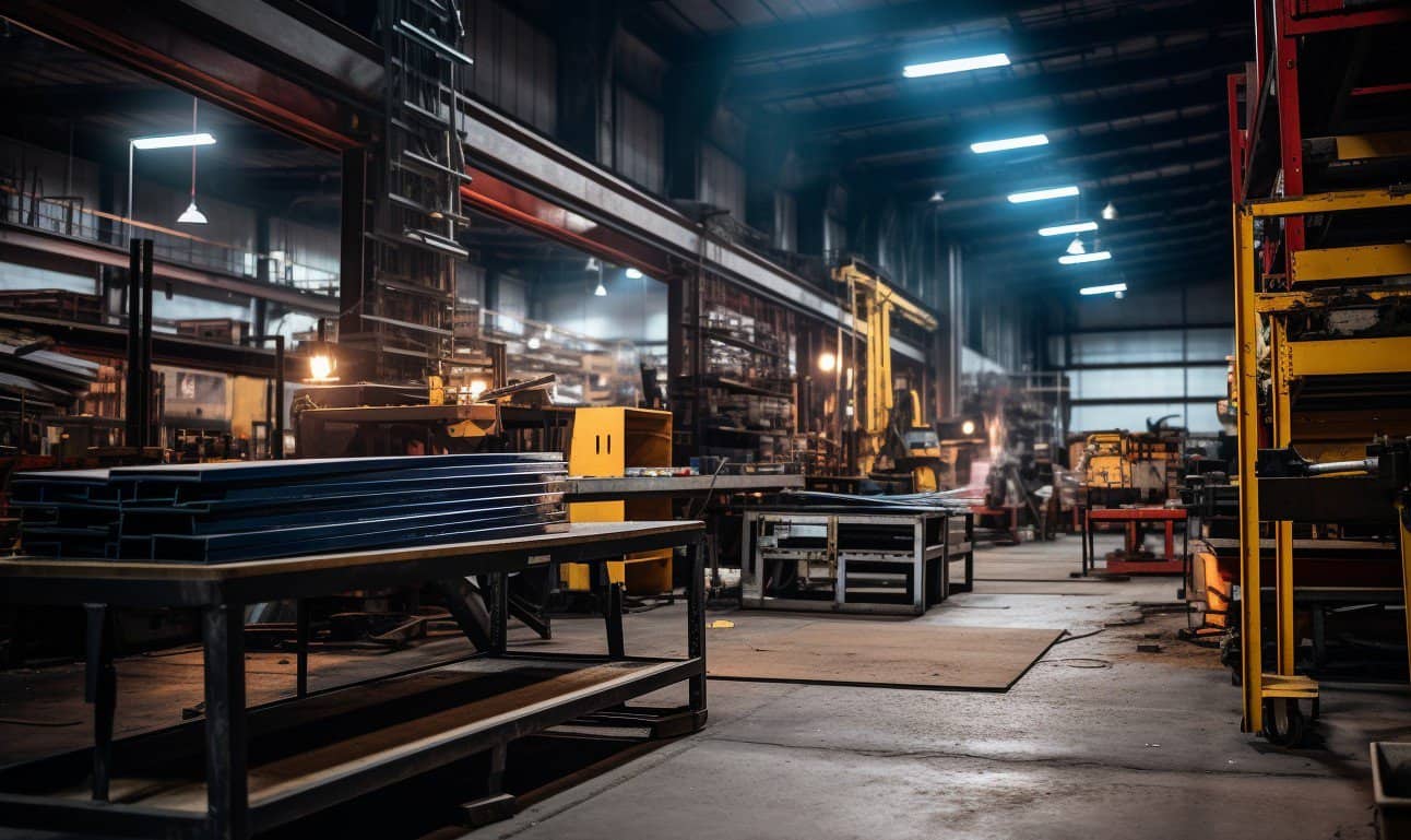 Large warehouse interior featuring industrial racking systems and various types of machinery equipment