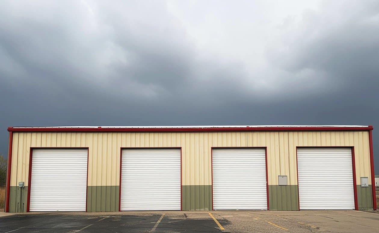 Industrial office structure pictured with ominous, stormy clouds in the background