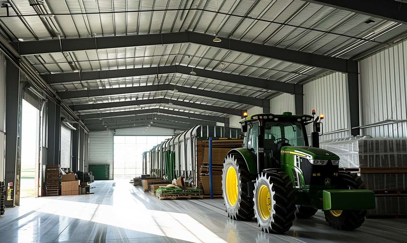 Artistic display of large farmhouse and tractor situated inside a building.