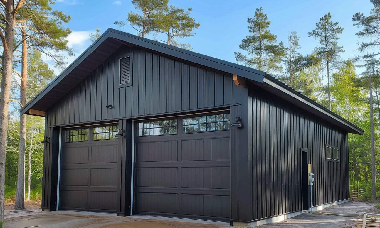 Spacious garage featuring dual black metal doors