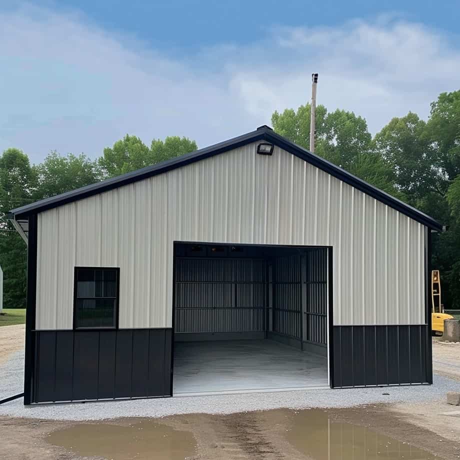 Simple minimalist small metal garage design in monochrome, captured during the daylight hours.