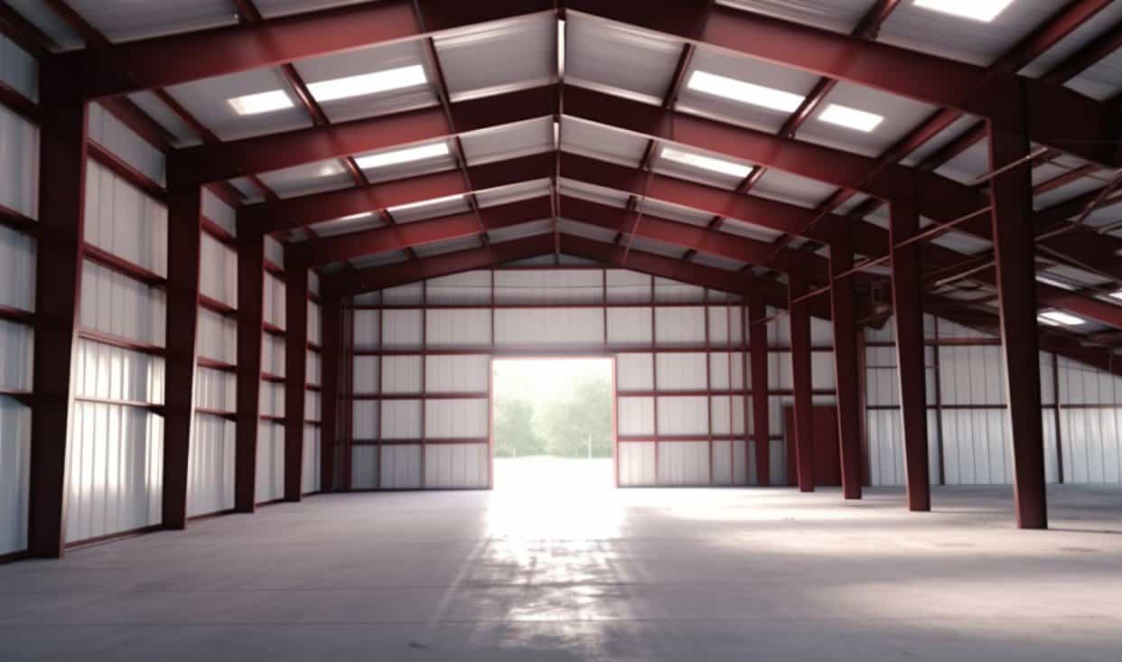 Spacious steel structure with metallic roofing and walls for an open concept design.