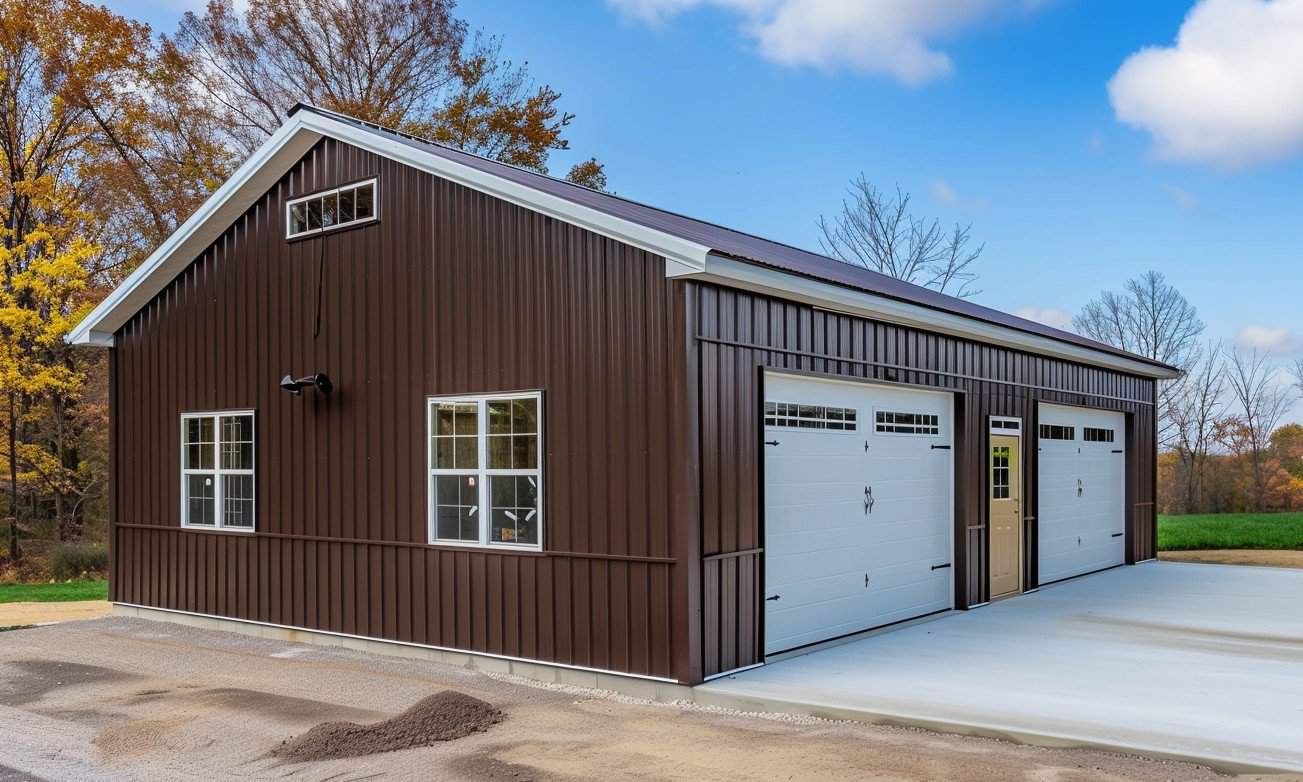 Modern residential garage buildings with glass panes and sturdy doors on each side