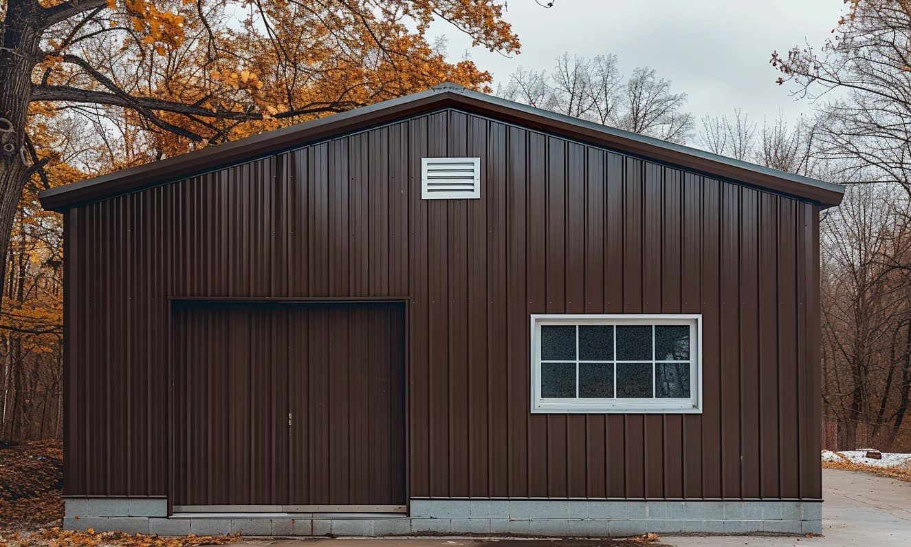 "Vintage-inspired brown metal garage with a side window for a rustic exterior design"