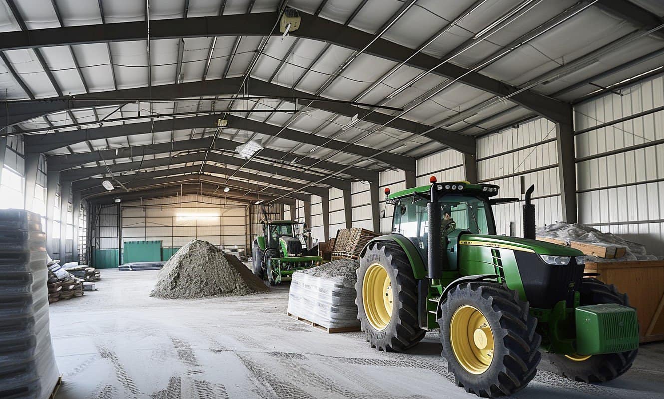 Vintage tractor and rural farm accessories exhibit inside a country-themed gallery.