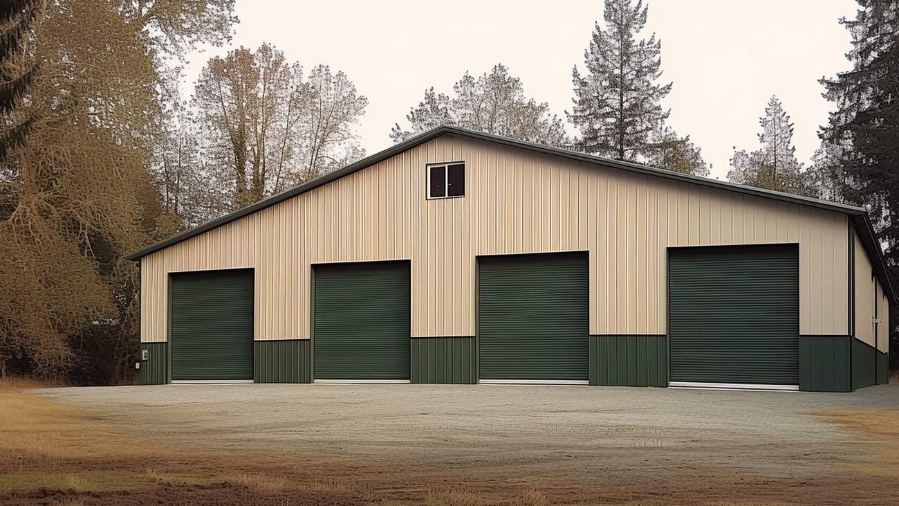 Rustic metal barn outdoors with four sets of double doors, perfect for agricultural needs