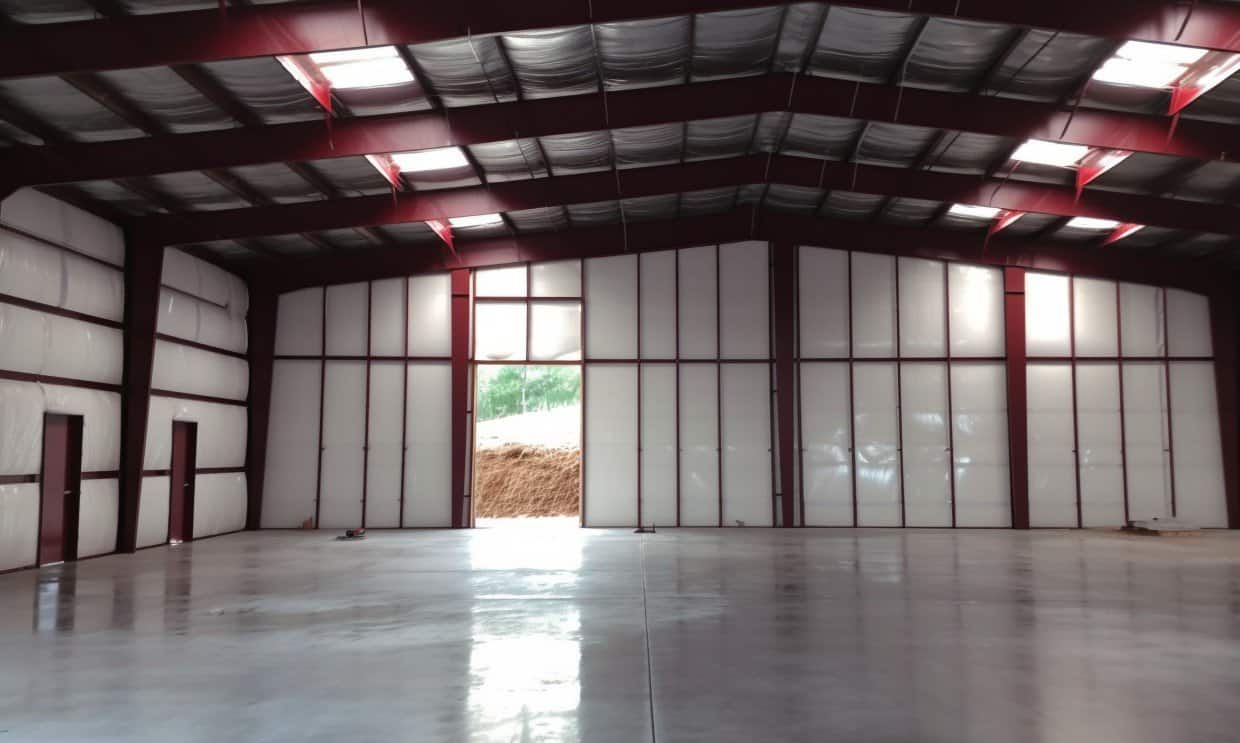 Large interior of an empty warehouse with insulated metal walls