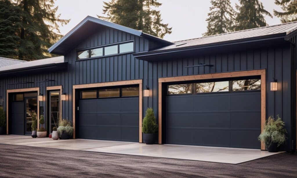 Large, well-lit garage with spacious interior and sleek black doors showcased through clear windows