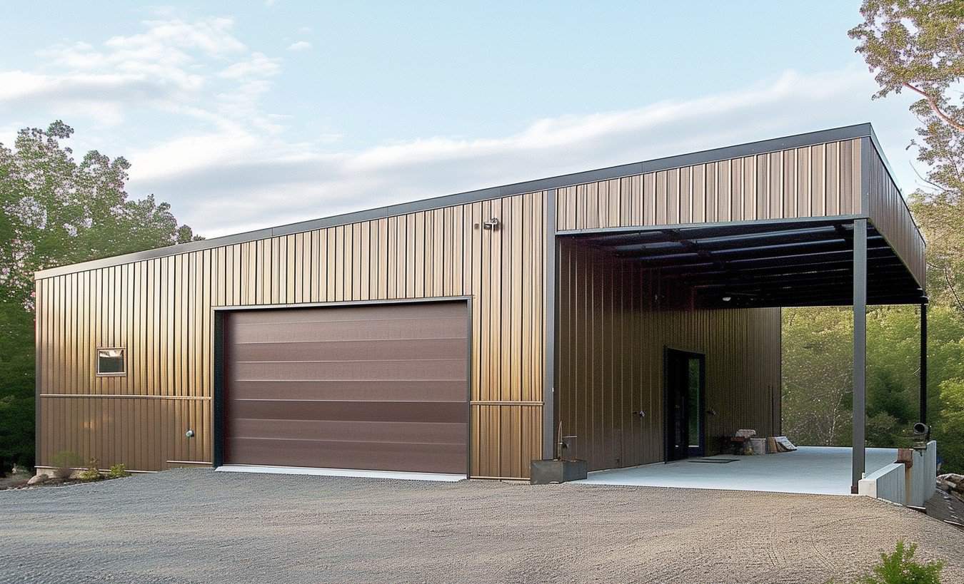 Large steel building featuring a garage door and external siding, located near a city street.