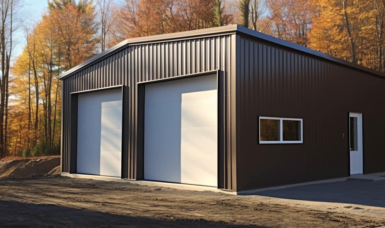 "Steel garage featuring elegant slate accents and rich brown siding"