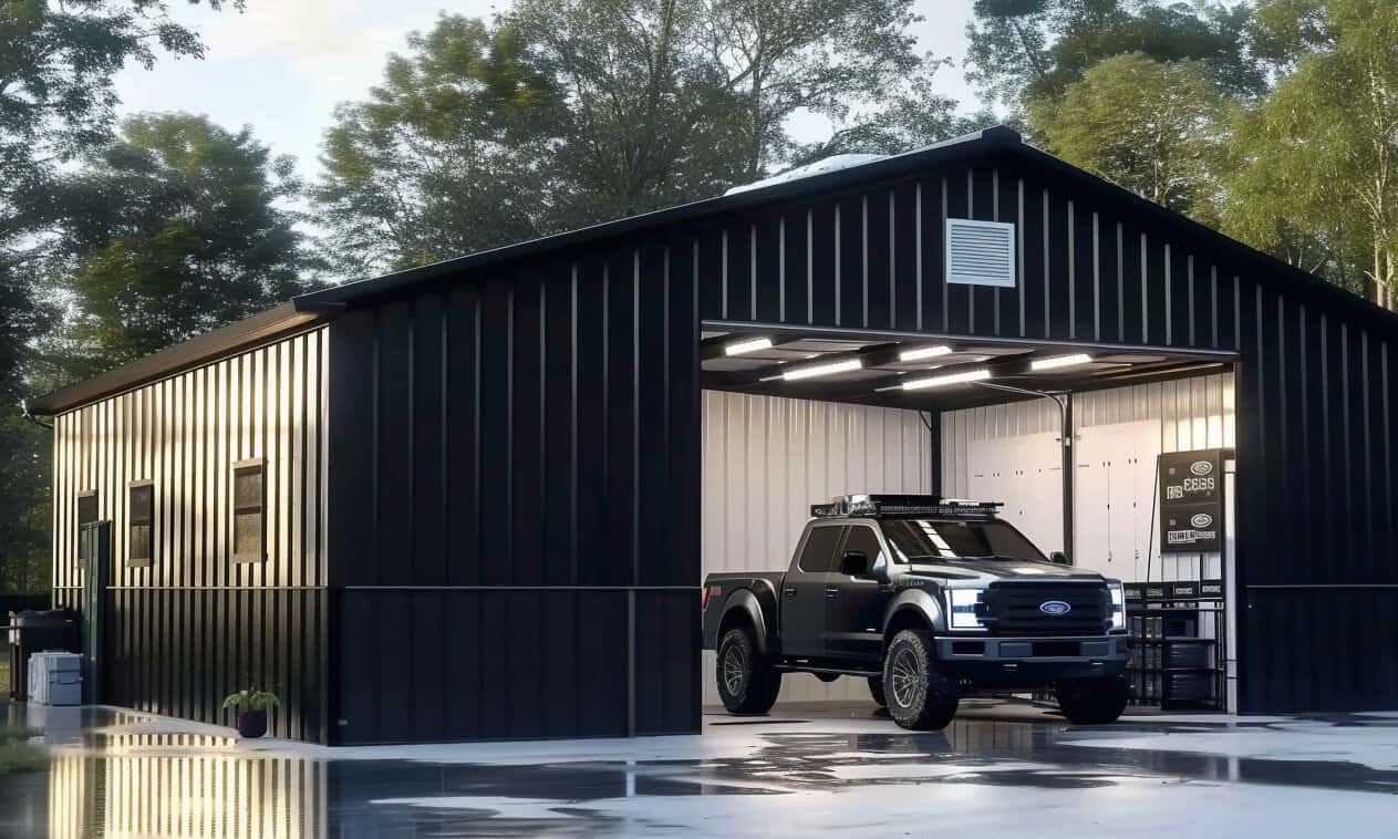 Elegant black Ford Tagarok vehicle neatly parked inside a modern garage