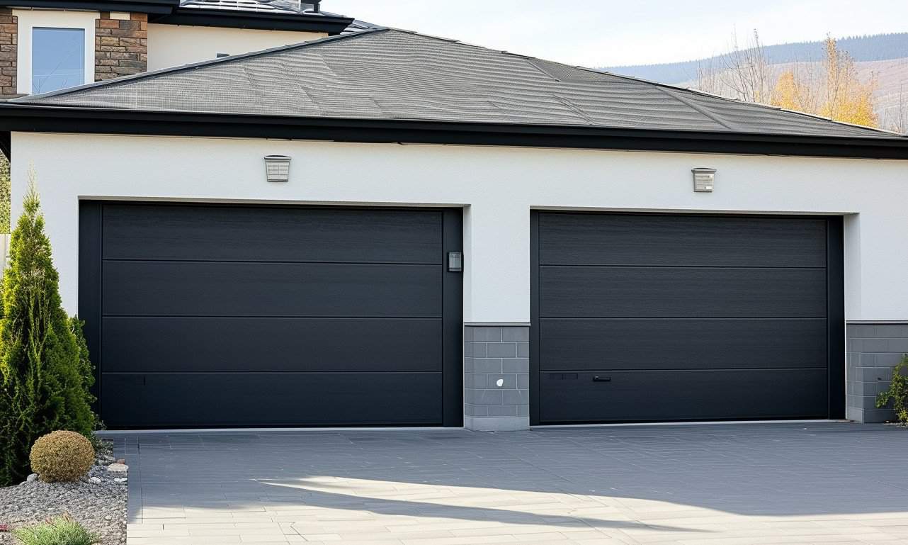 Contemporary black garage doors in a fashionable, landscaped front yard.